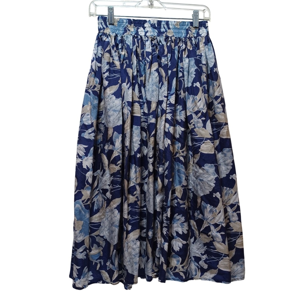 Silk Midi Skirt Womens M Blue Floral Elastic Waist Flowy Coastal Boho Resort - Picture 2 of 7
